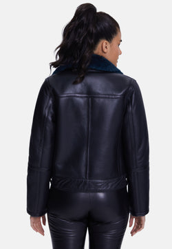 Image of Women's Shearling Jacket, Silky Black With Emerald Wool