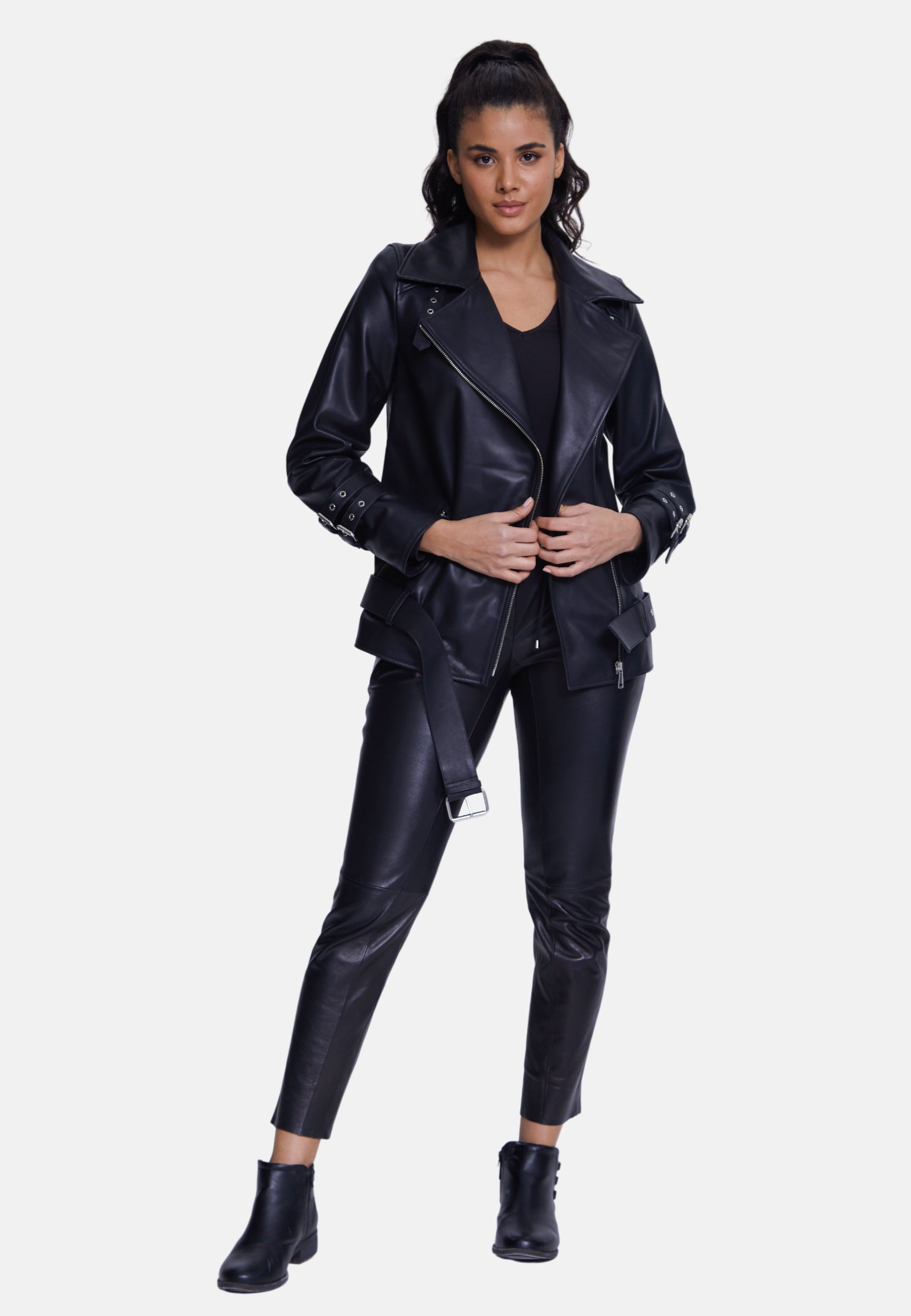 Women's Genuine Leather Belted Biker Jacket,Nappa Black