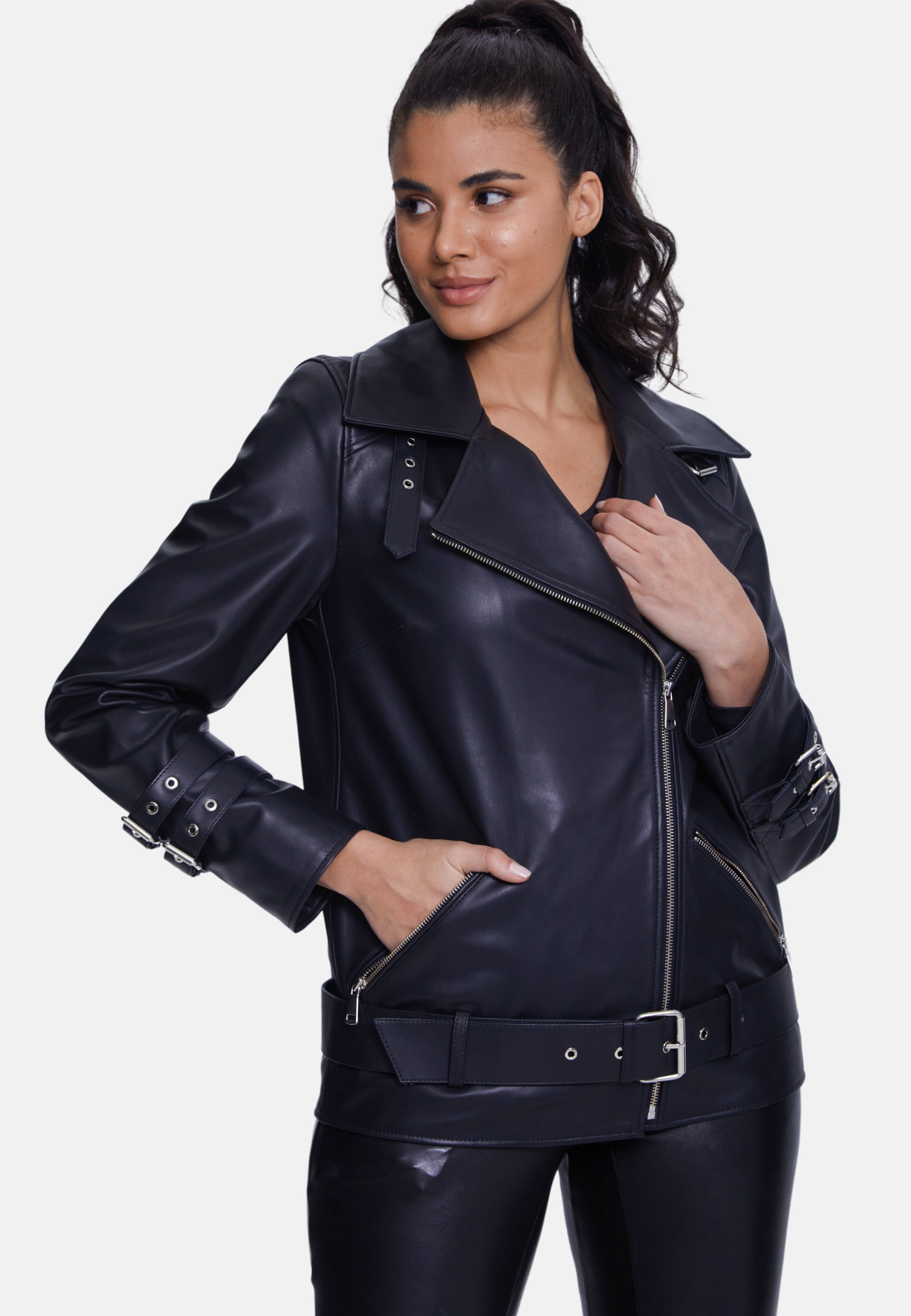 Women's Genuine Leather Belted Biker Jacket,Nappa Black