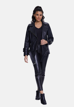 Image of Women's Genuine Leather Belted Biker Jacket,Nappa Black