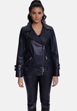 Image of Women's Genuine Leather Belted Biker Jacket,Nappa Black