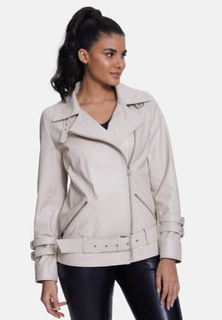 Image of Women's Genuine Leather Belted Biker Jacket,Nappa Beige