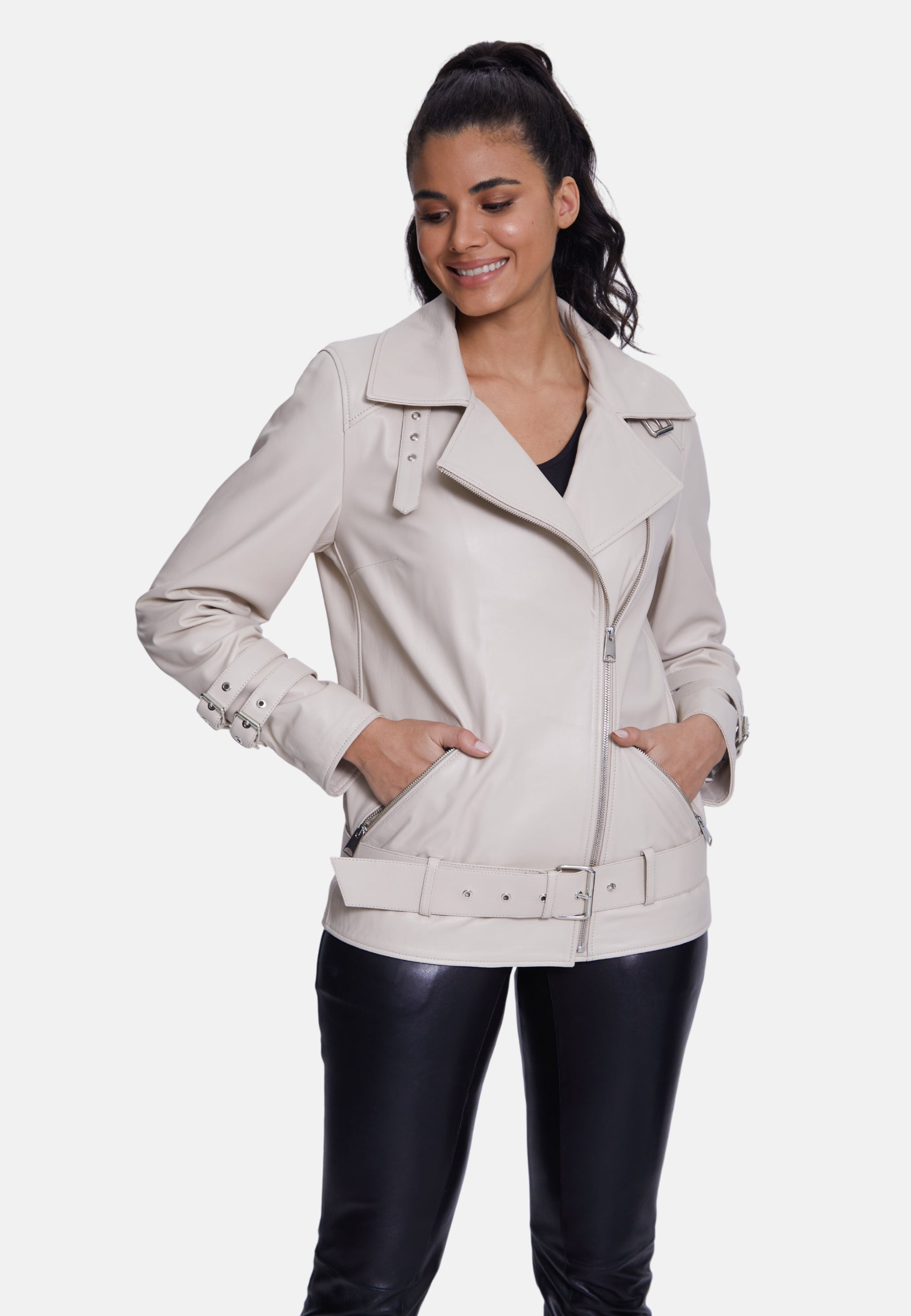 Women's Genuine Leather Belted Biker Jacket,Nappa Beige