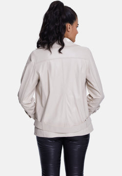 Image of Women's Genuine Leather Belted Biker Jacket,Nappa Beige