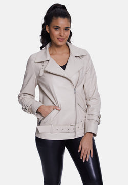 Image of Women's Genuine Leather Belted Biker Jacket,Nappa Beige