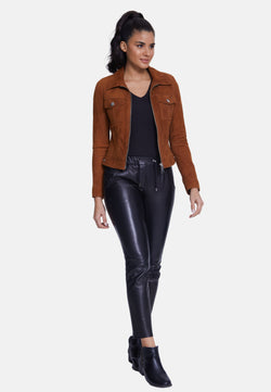 Image of Denim Style Zipper Suede Jacket, Tan