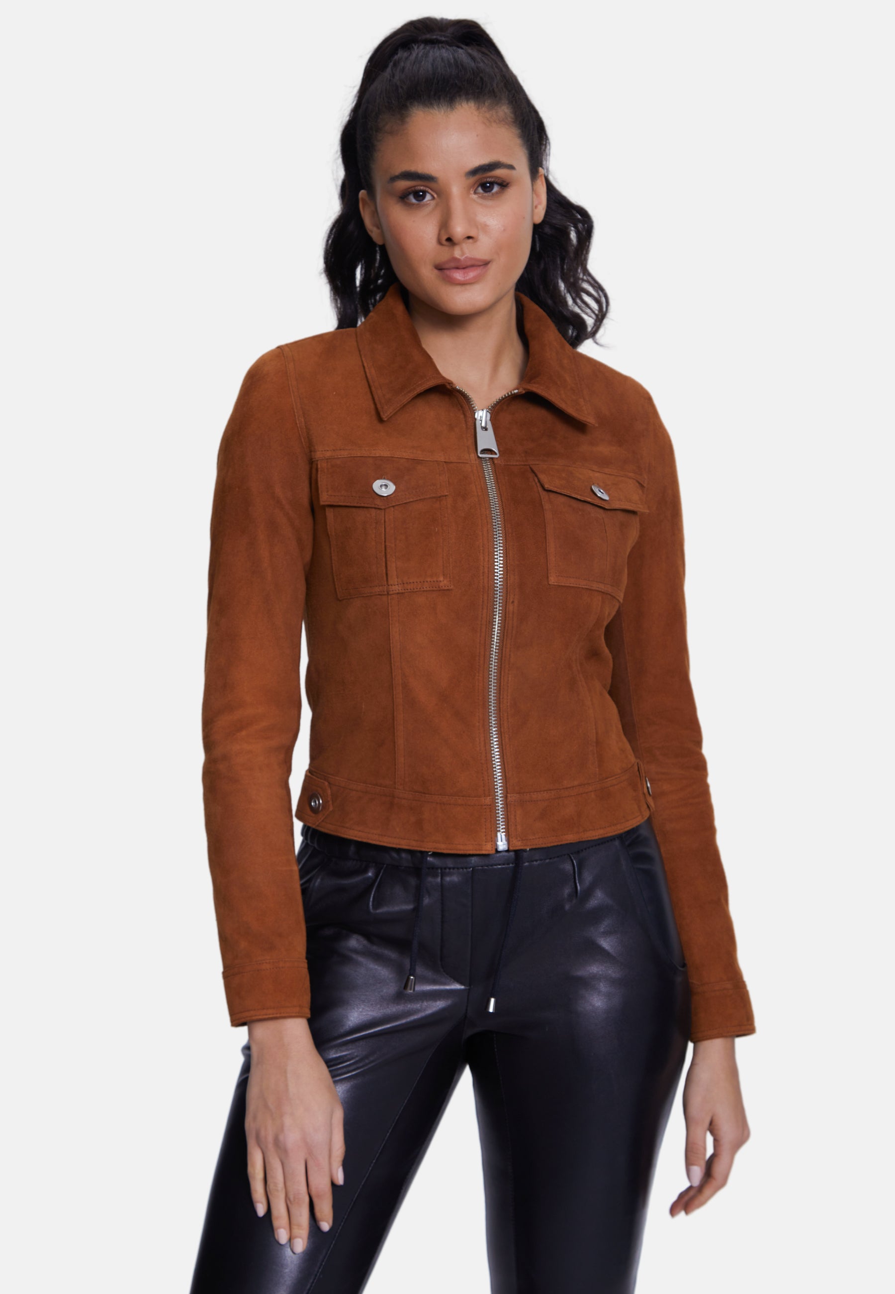 Denim Style Zipper Suede Jacket, Tan