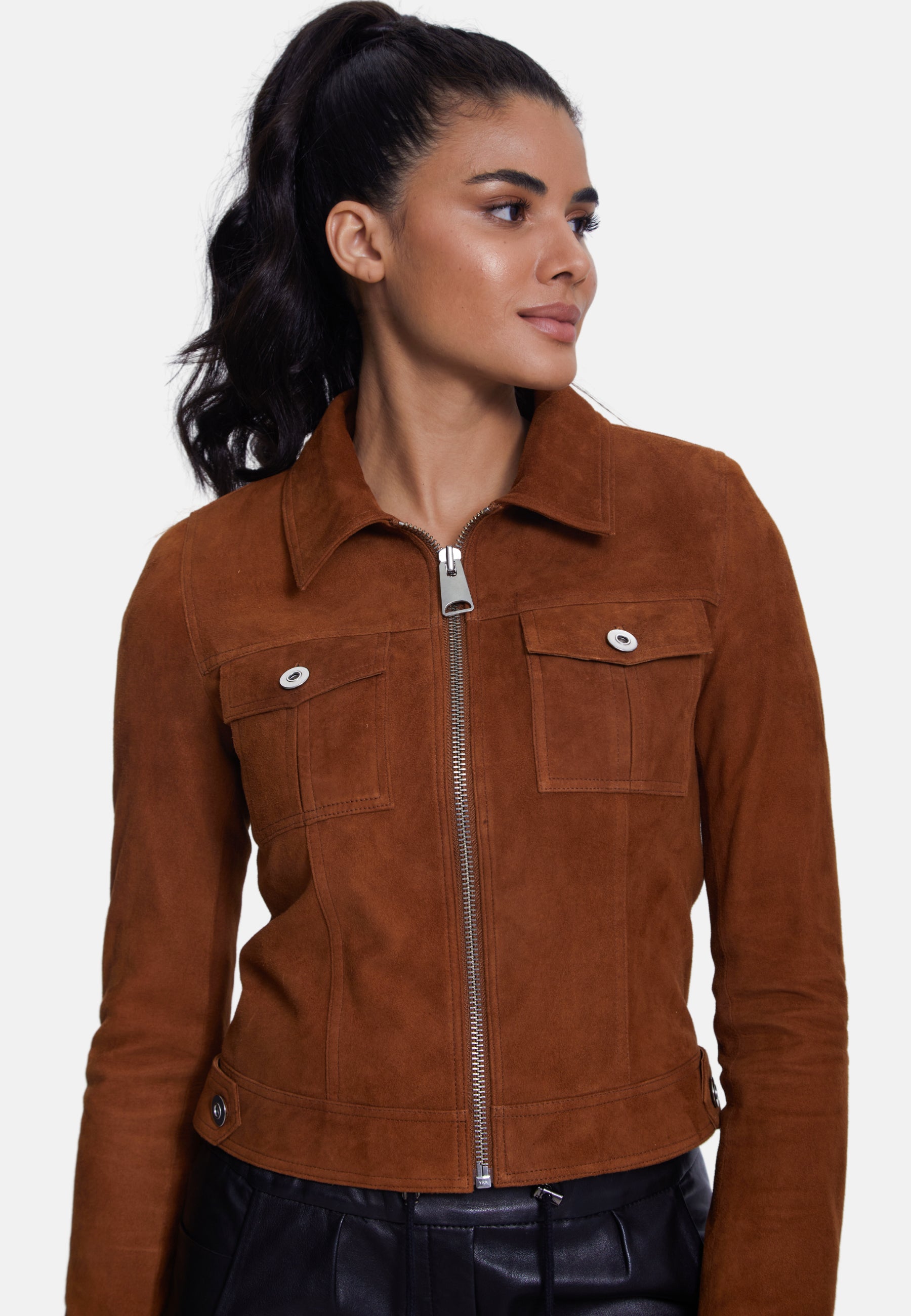 Denim Style Zipper Suede Jacket, Tan