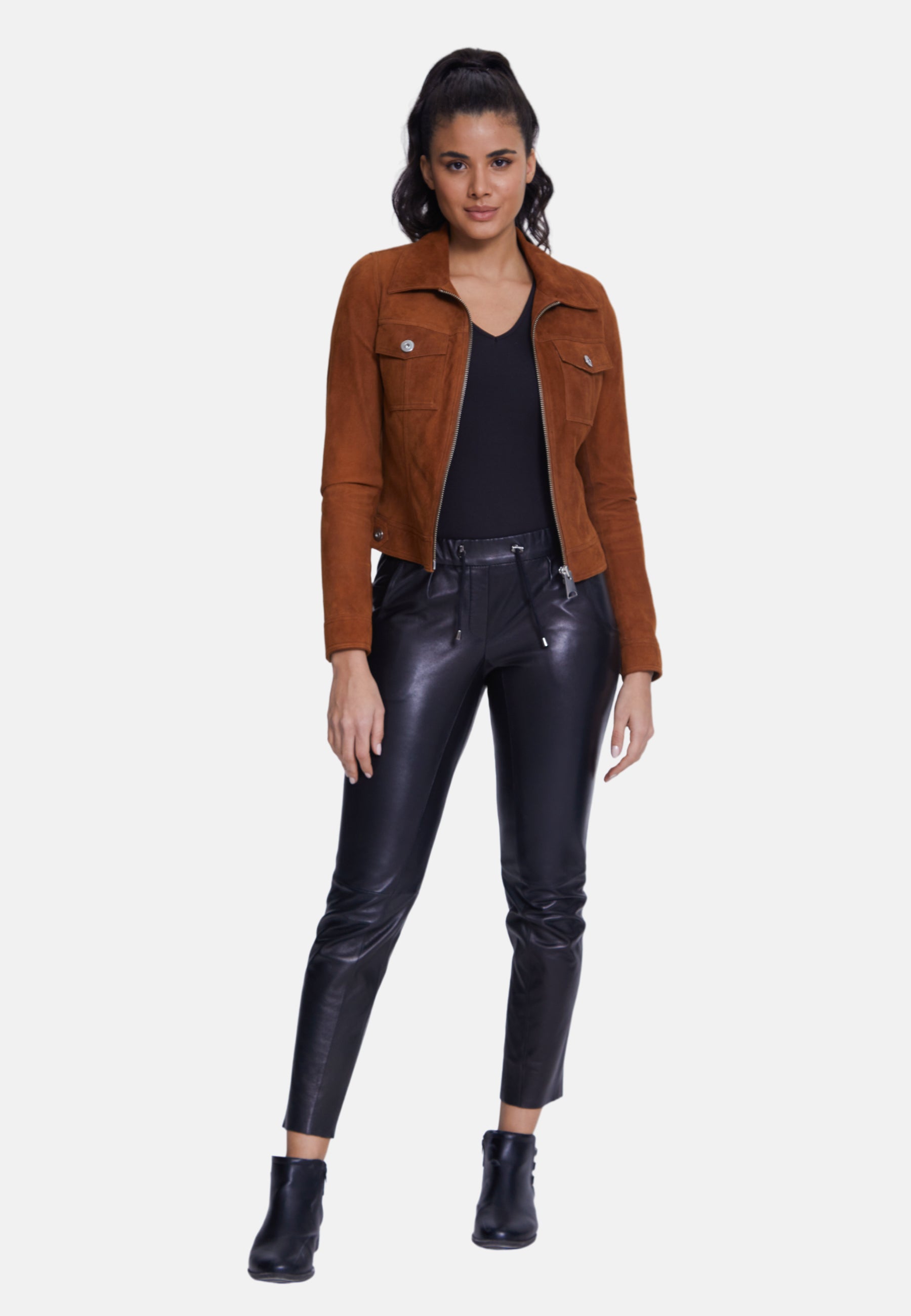 Denim Style Zipper Suede Jacket, Tan