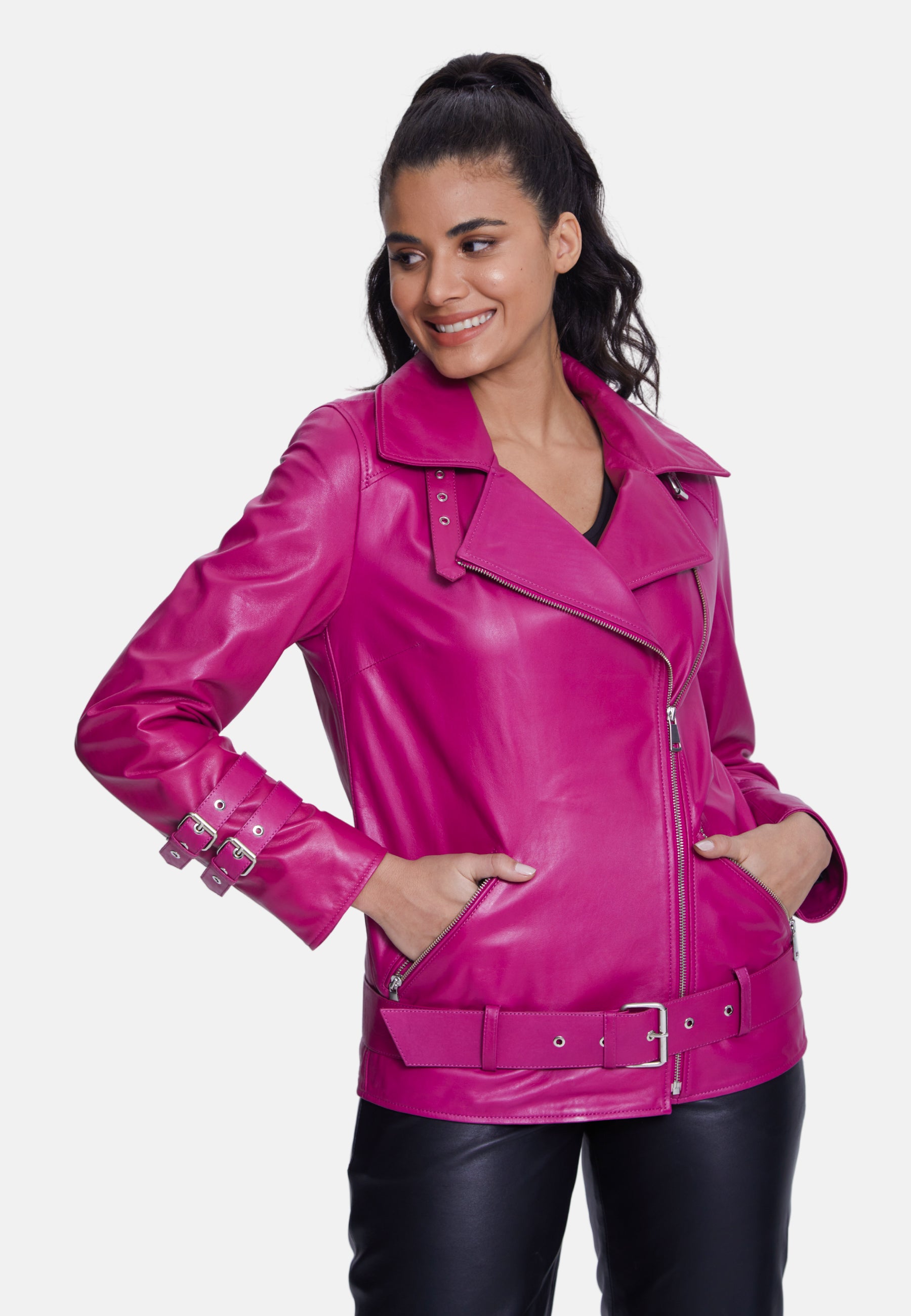 Women's Genuine Leather Belted Biker Jacket,Nappa Fuchsia