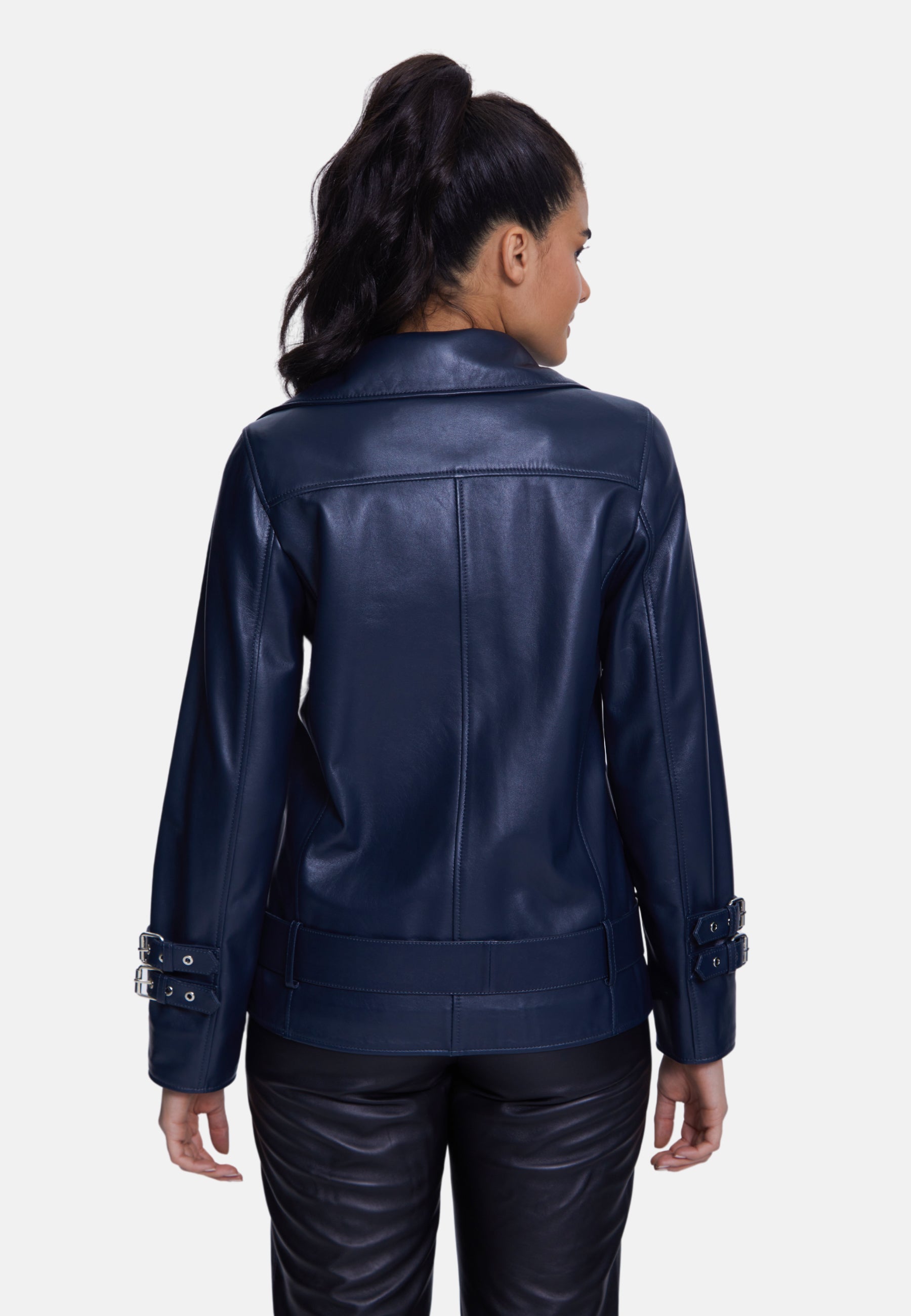 Women's Genuine Leather Belted Biker Jacket,Nappa Navy