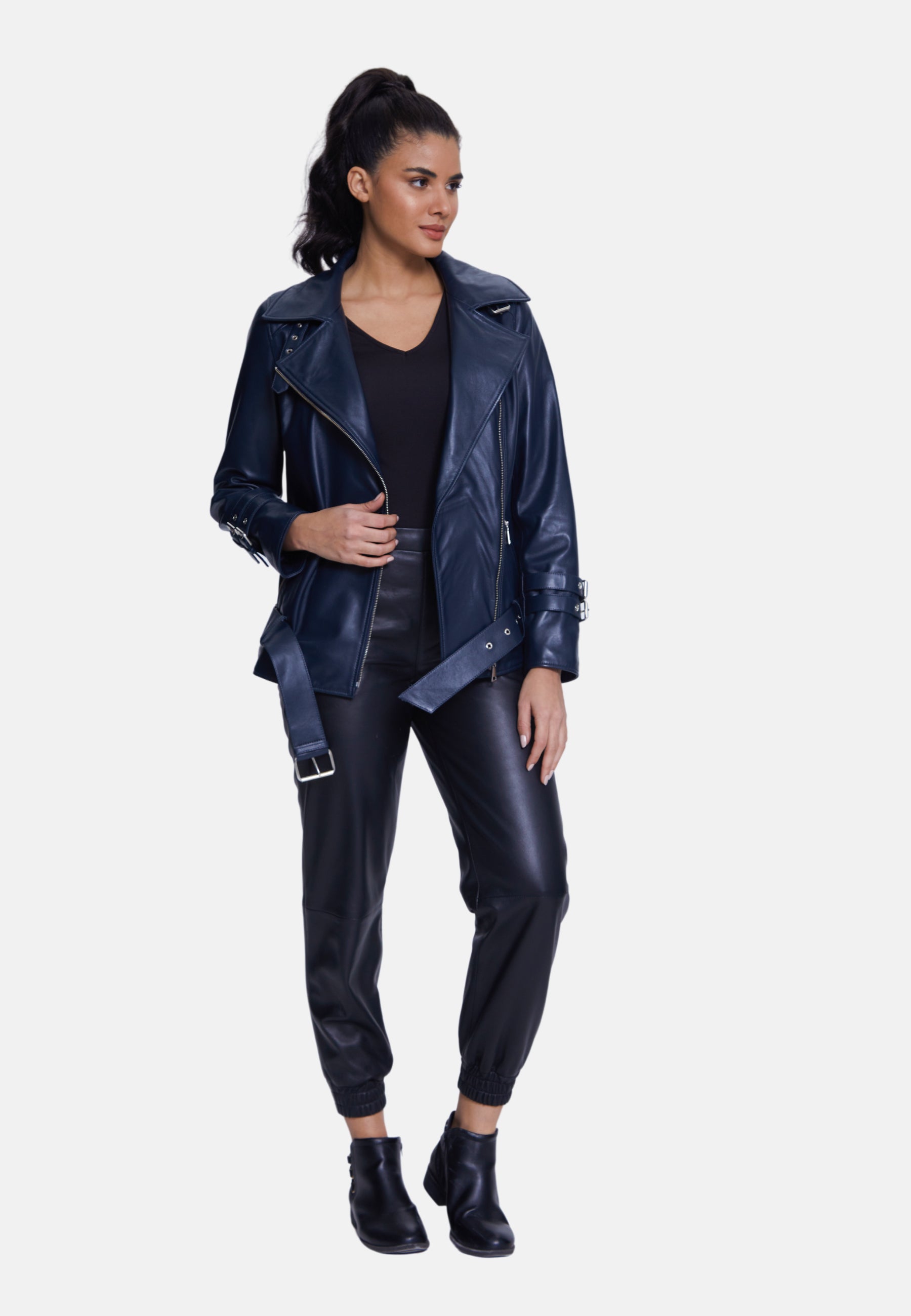 Women's Genuine Leather Belted Biker Jacket,Nappa Navy