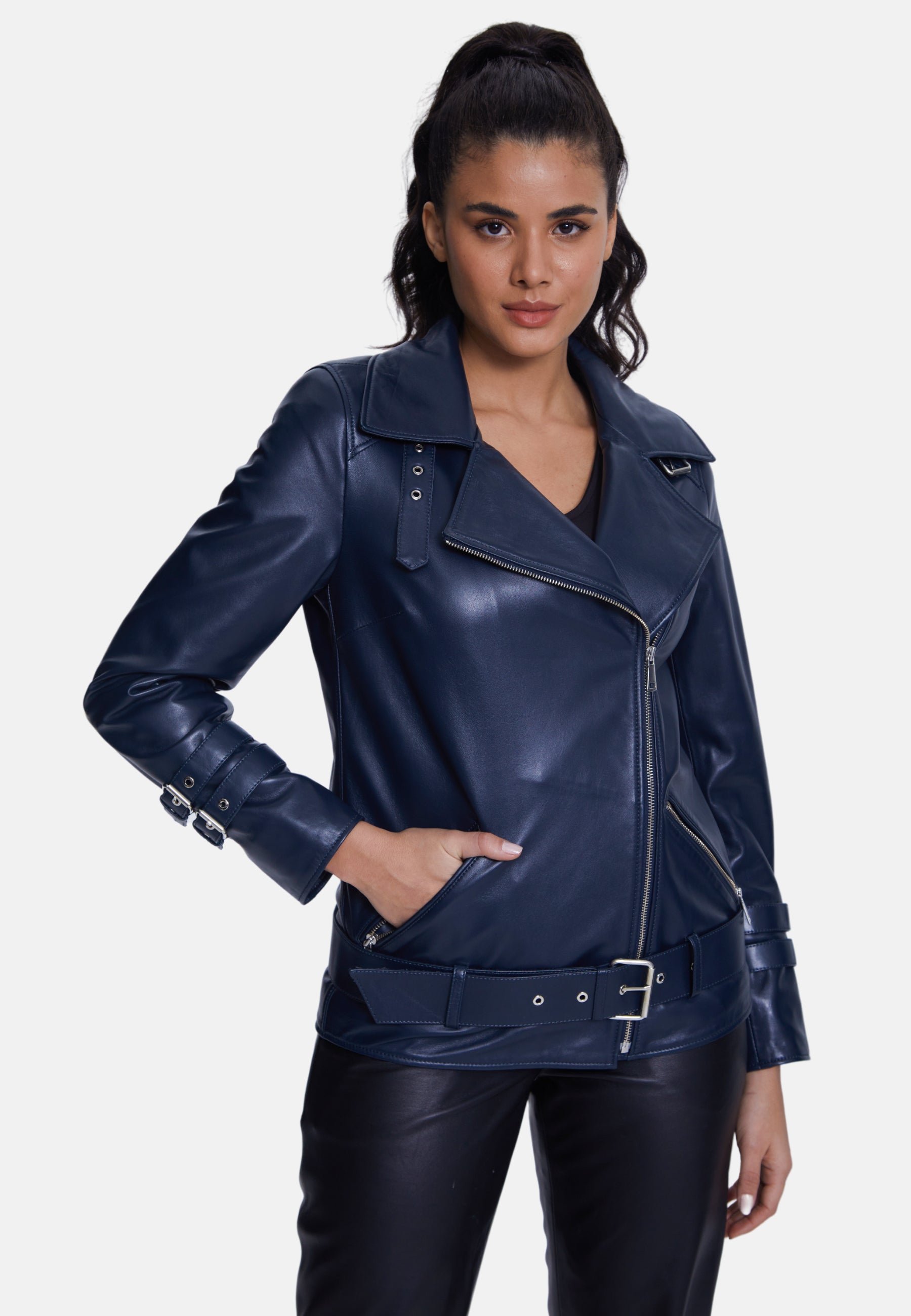 Women's Genuine Leather Belted Biker Jacket,Nappa Navy