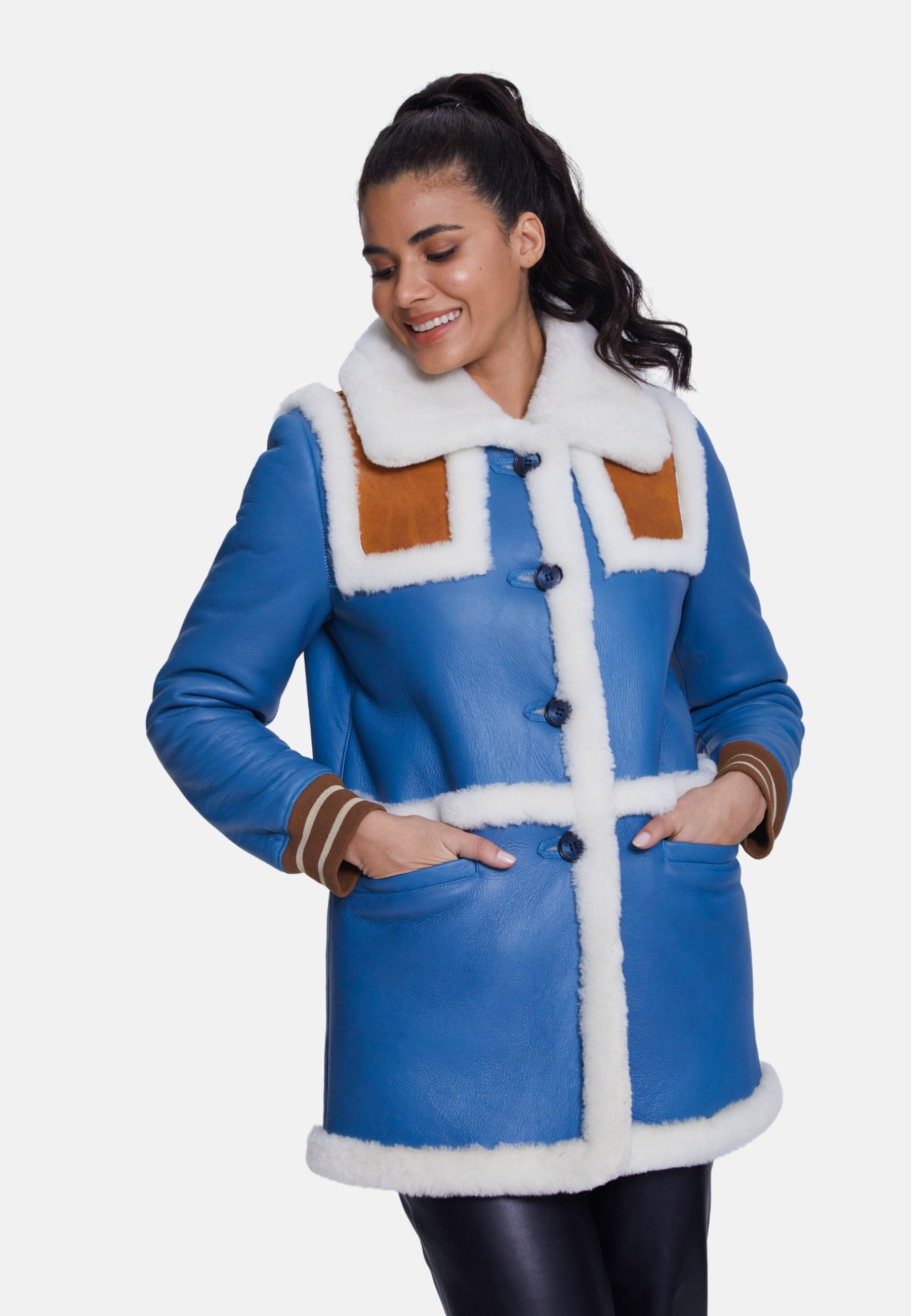 Women's Shearling Jackets, Blue With White Wool