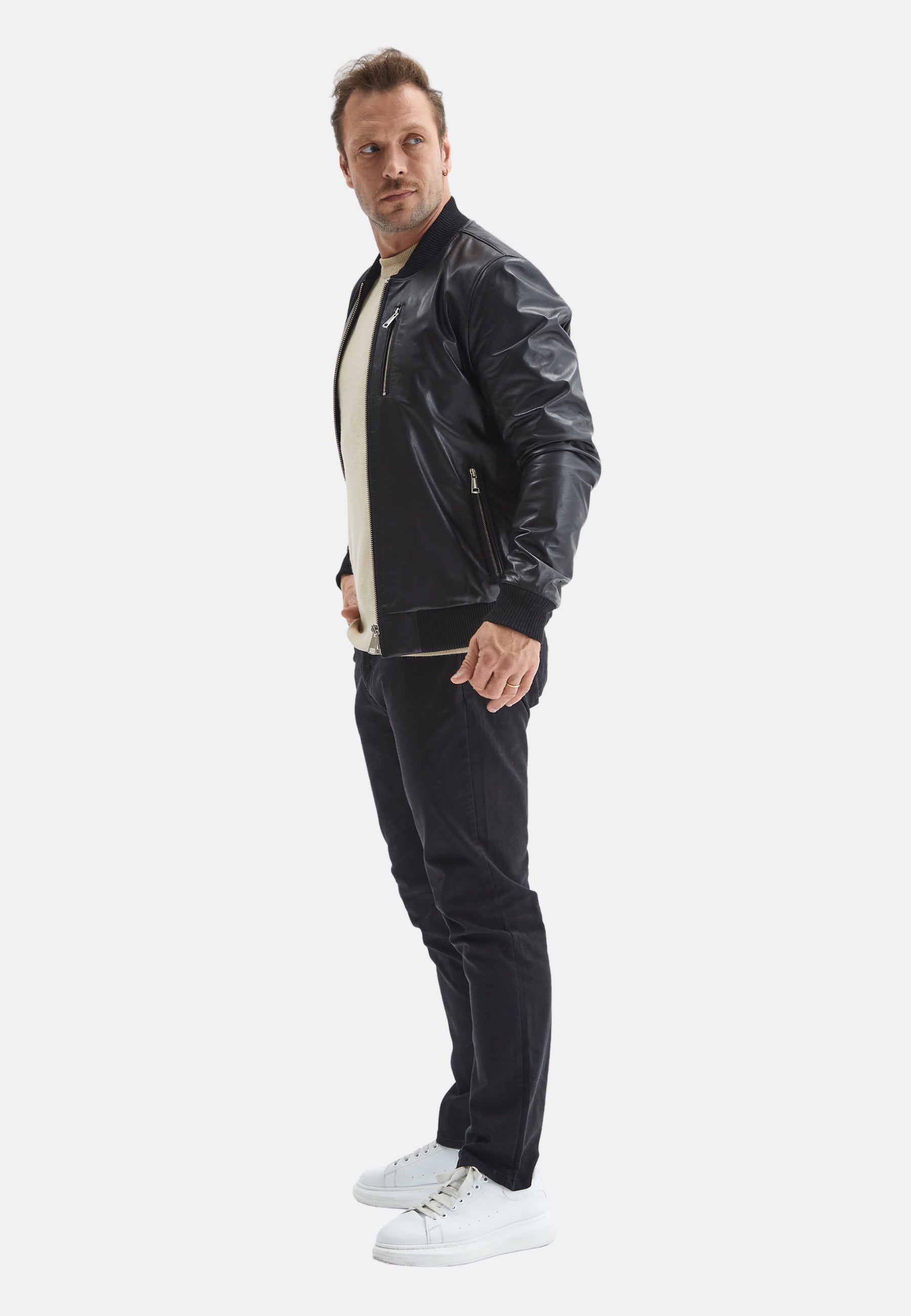 Men's Leather Bomber Jacket, Black