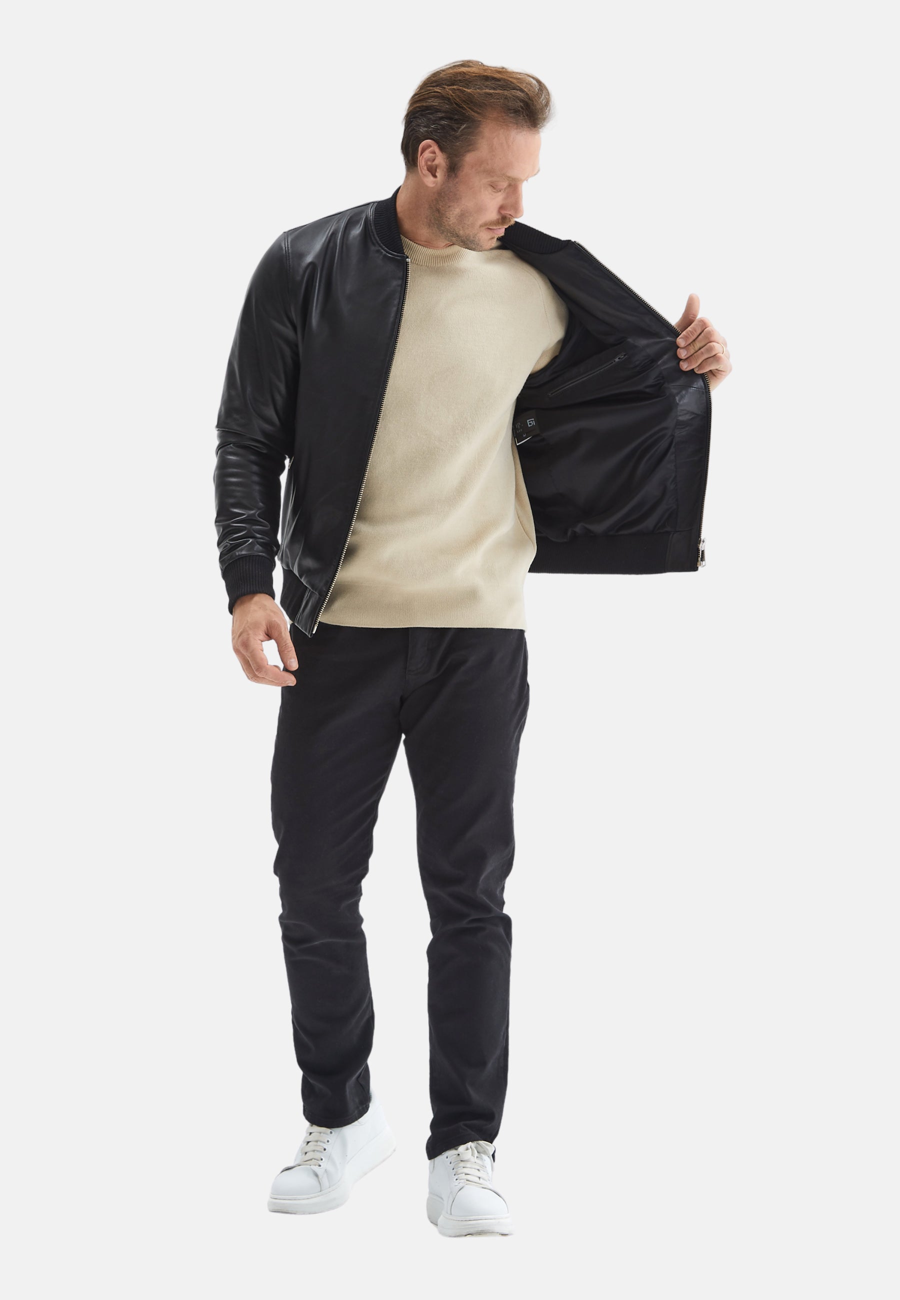 Men's Leather Bomber Jacket, Black