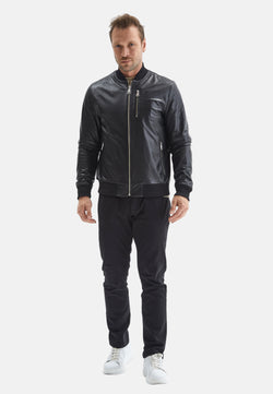 Image of Men's Leather Bomber Jacket, Black