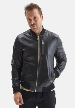 Image of Men's Leather Bomber Jacket, Black