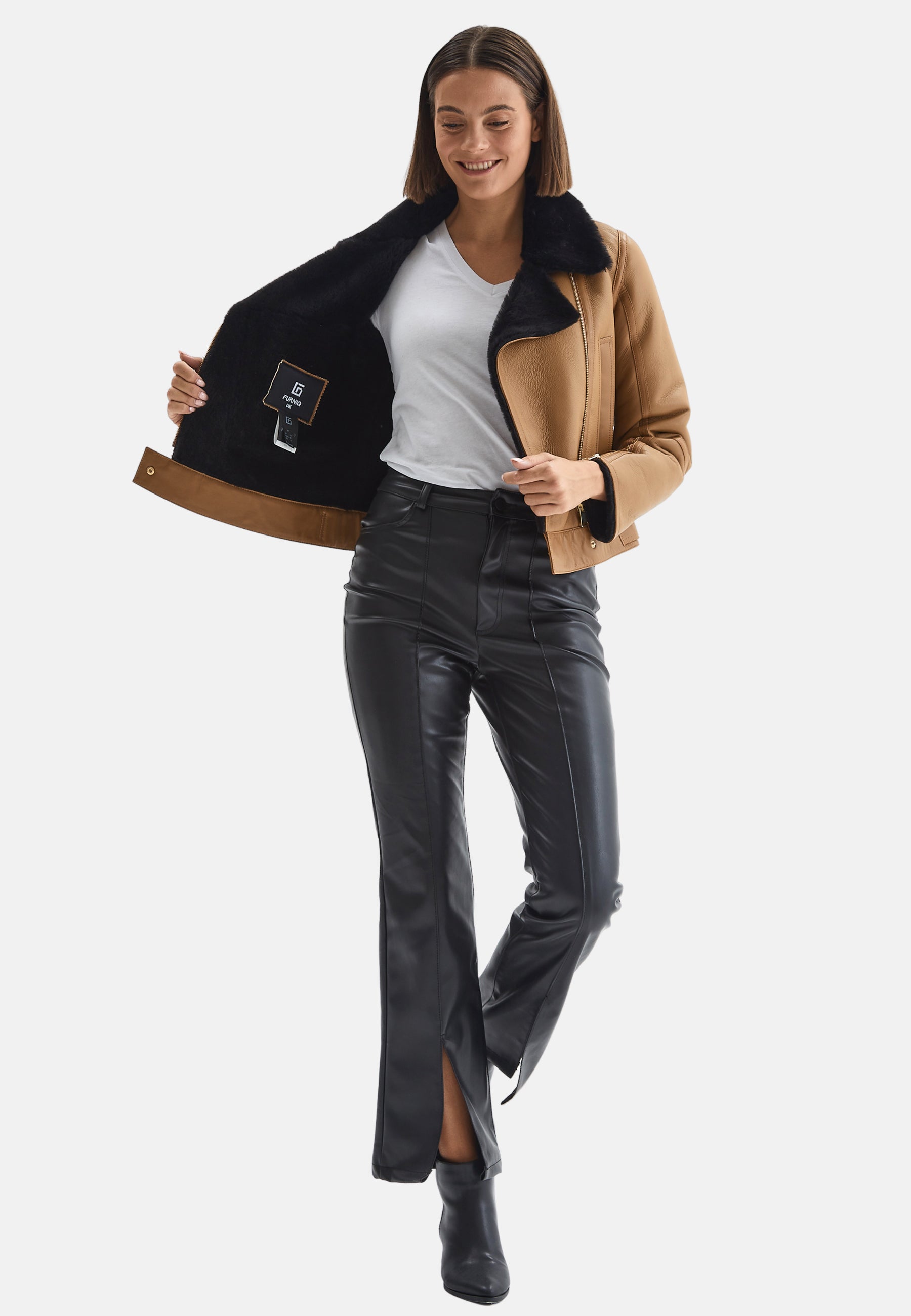 Women's Shearling Jacket, Silky Tan With Black Wool