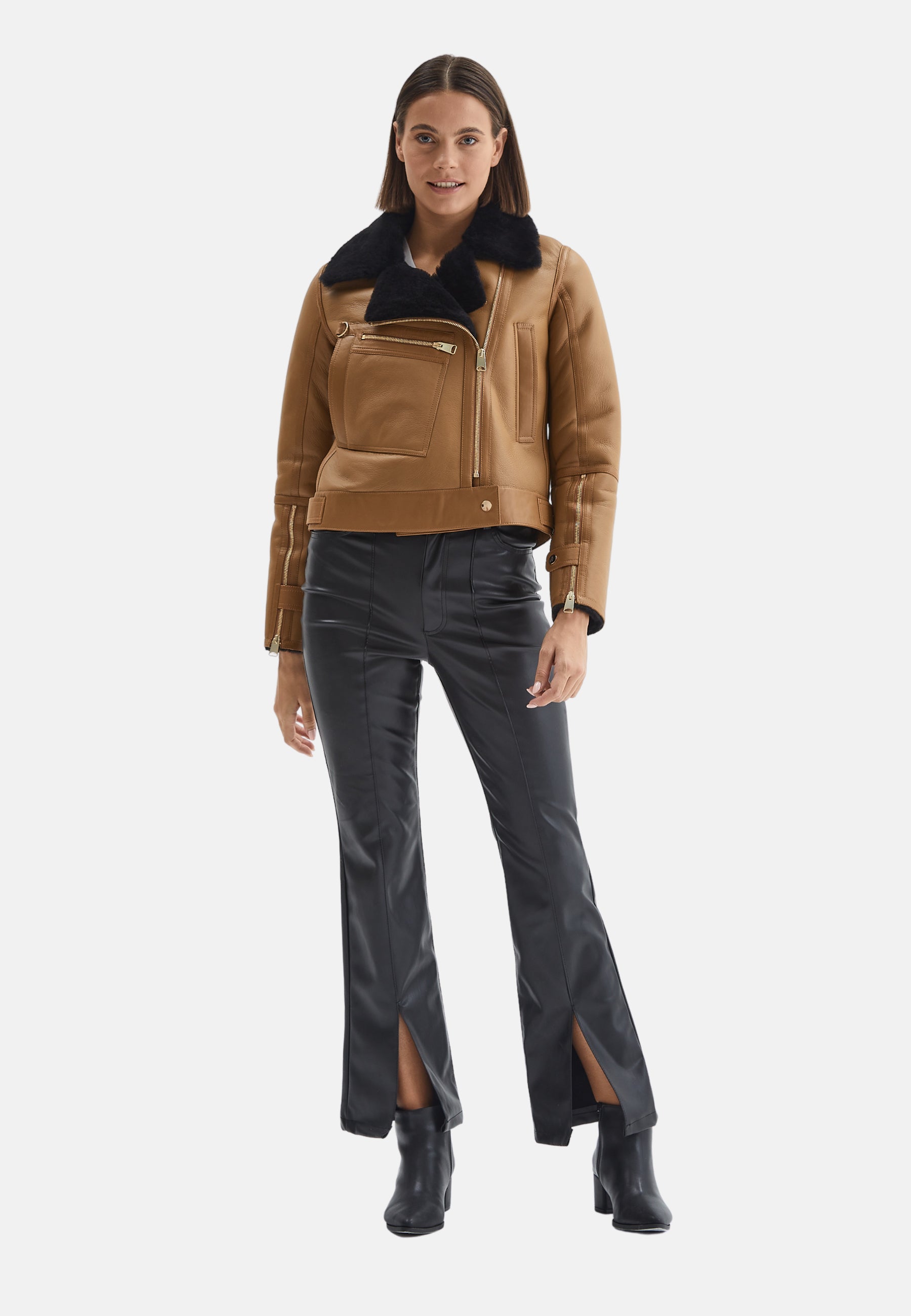 Women's Shearling Jacket, Silky Tan With Black Wool