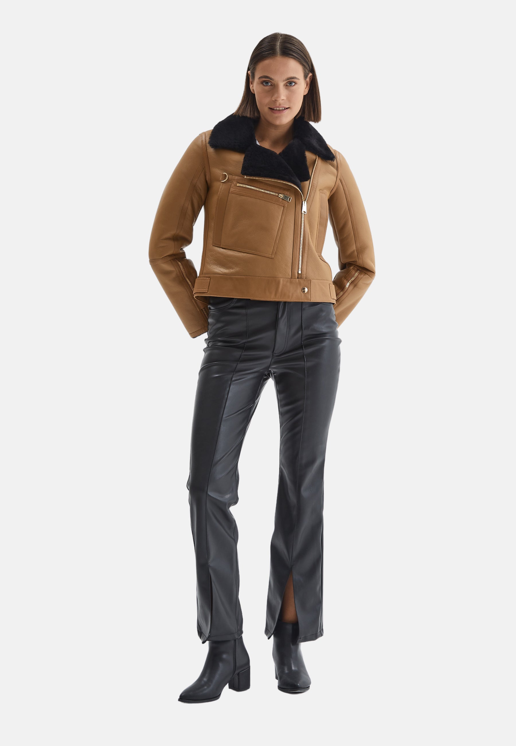 Women's Shearling Jacket, Silky Tan With Black Wool