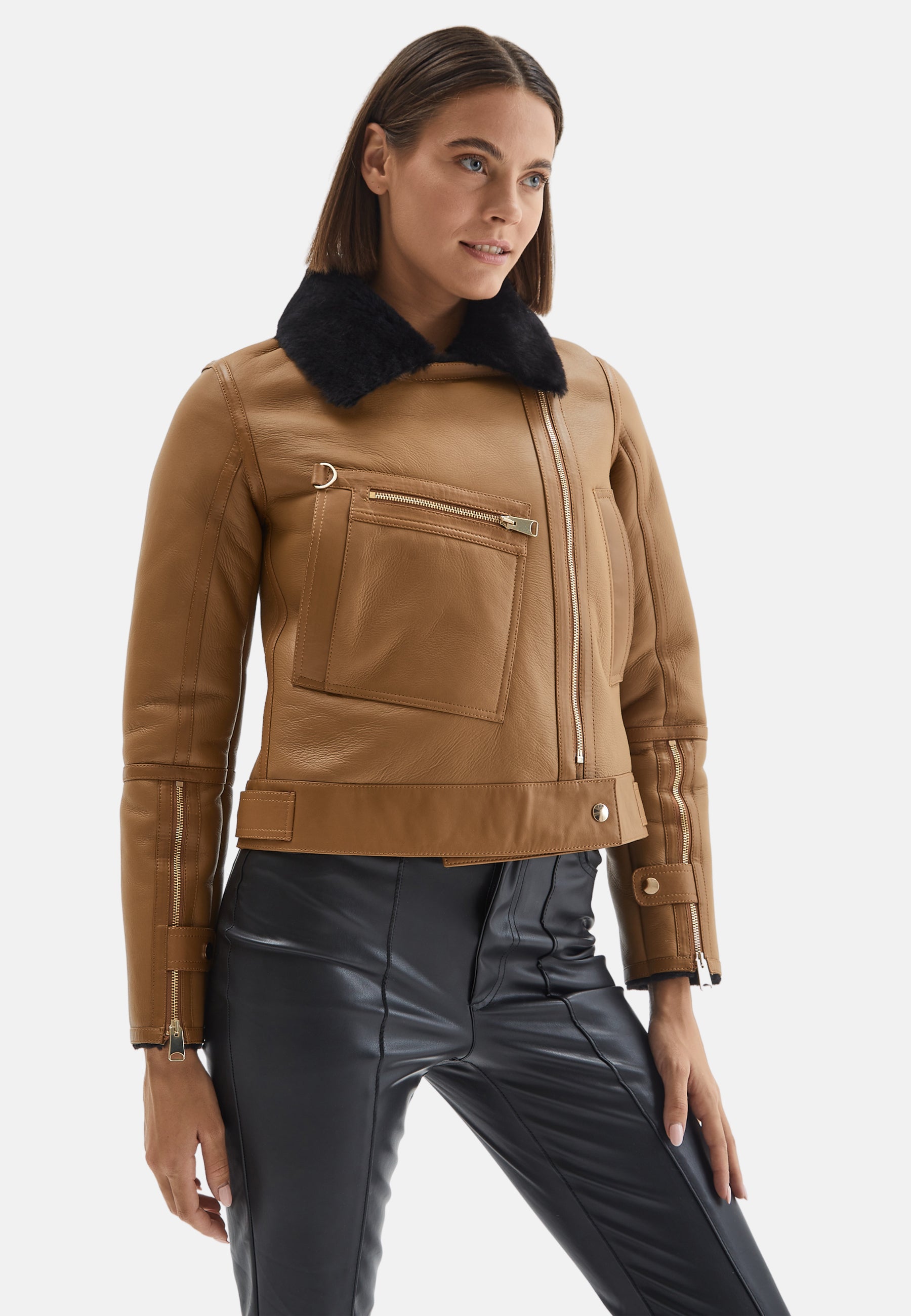 Women's Shearling Jacket, Silky Tan With Black Wool