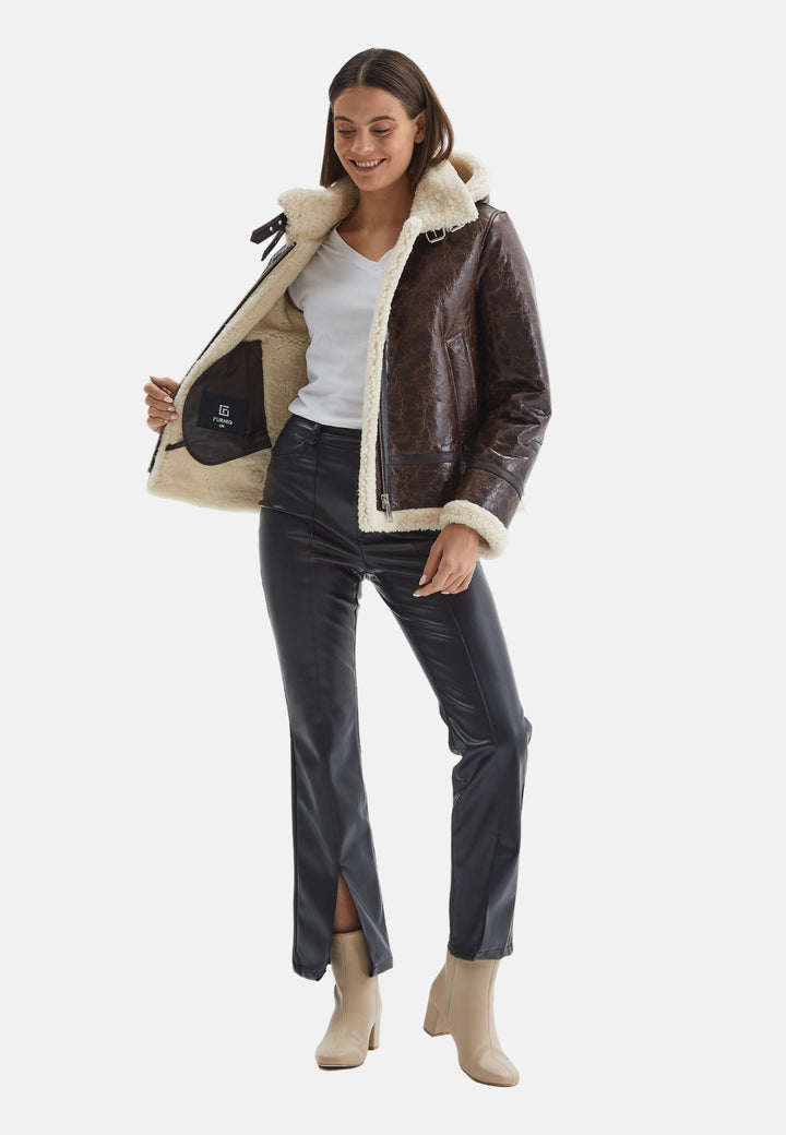 Women's Detachable Hooded Shearling Jacket, Cracked Brown with Beige Curly Wool