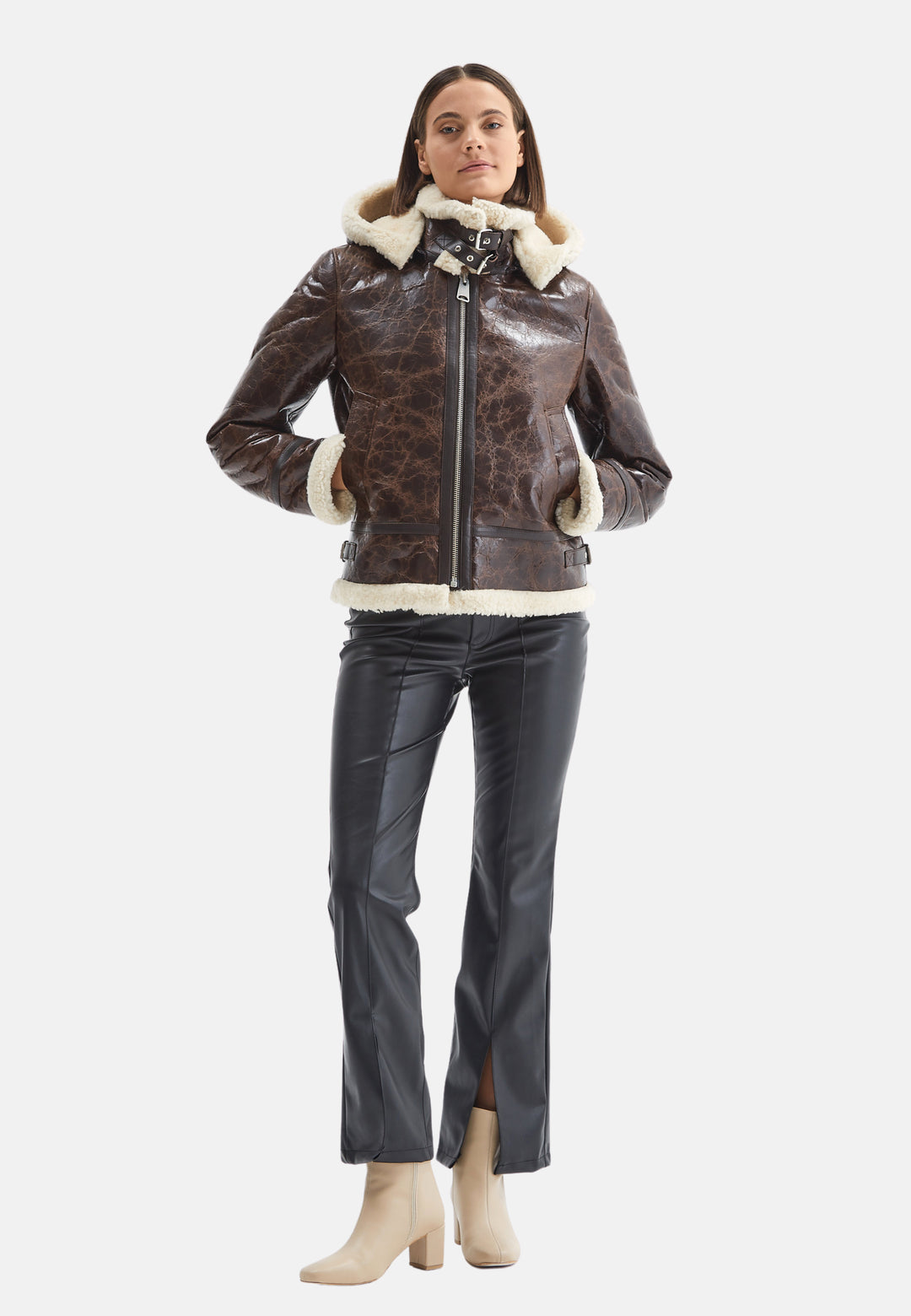 Women's Detachable Hooded Shearling Jacket, Cracked Brown with Beige Curly Wool
