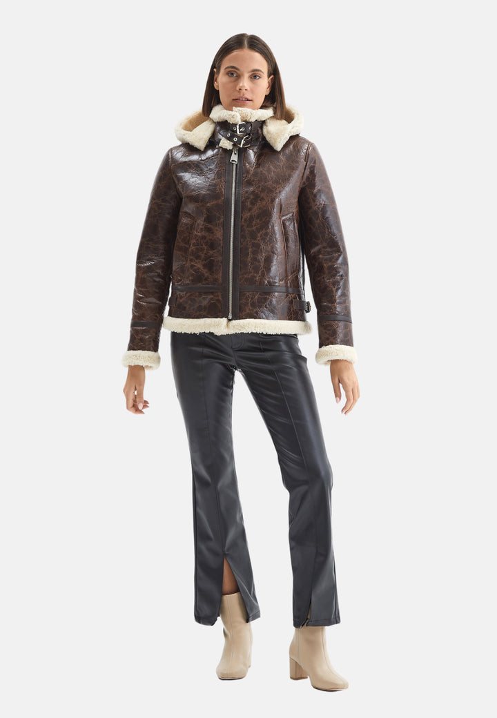 Women's Detachable Hooded Shearling Jacket, Cracked Brown with Beige Curly Wool