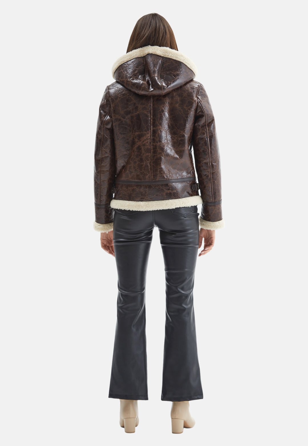 Women's Detachable Hooded Shearling Jacket, Cracked Brown with Beige Curly Wool