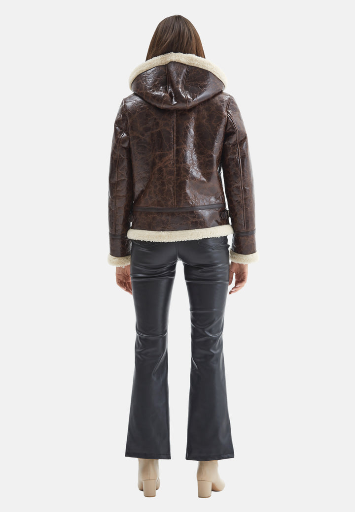 Women's Detachable Hooded Shearling Jacket, Cracked Brown with Beige Curly Wool