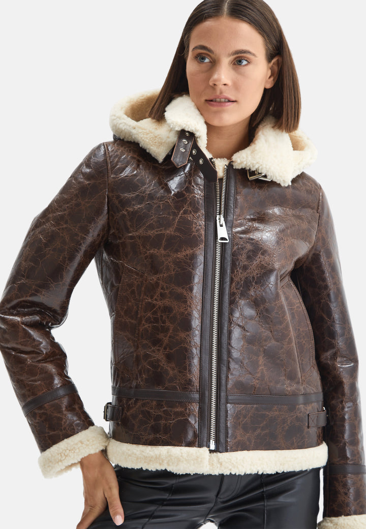 Women's Detachable Hooded Shearling Jacket, Cracked Brown with Beige Curly Wool