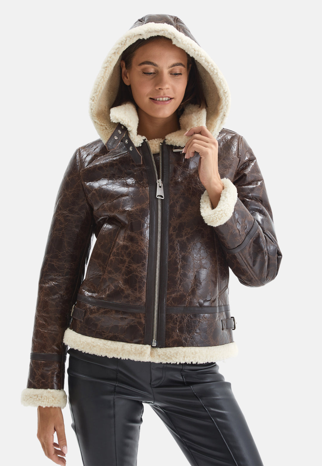 Women's Detachable Hooded Shearling Jacket, Cracked Brown with Beige Curly Wool