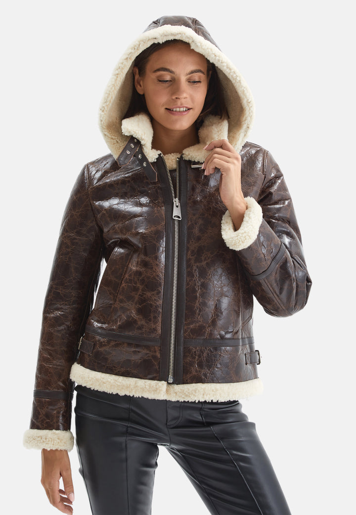 Women's Detachable Hooded Shearling Jacket, Cracked Brown with Beige Curly Wool
