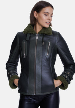 Image of Women's fashion jacket, silky green with green curly wool