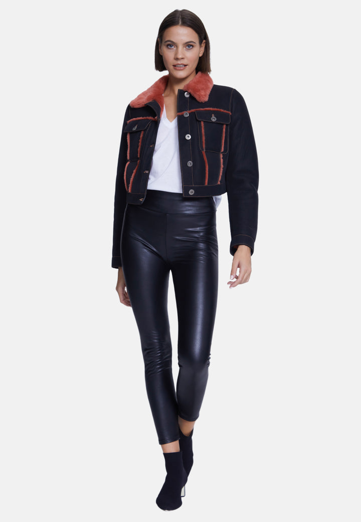 Women's Fashion Jacket, Crispy Black With Coral Wool
