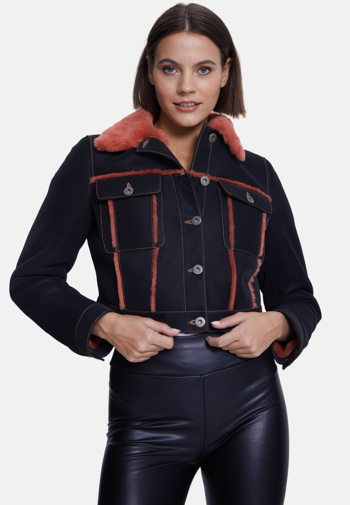 Women's Fashion Jacket, Crispy Black With Coral Wool