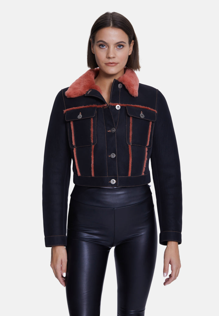 Women's Fashion Jacket, Crispy Black With Coral Wool