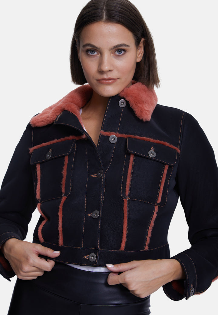 Women's Fashion Jacket, Crispy Black With Coral Wool