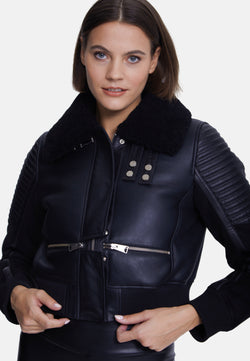 Image of Women's Fashion Jacket, Silky Black With Black Curly Wool