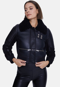 Image of Women's Fashion Jacket, Silky Black With Black Curly Wool