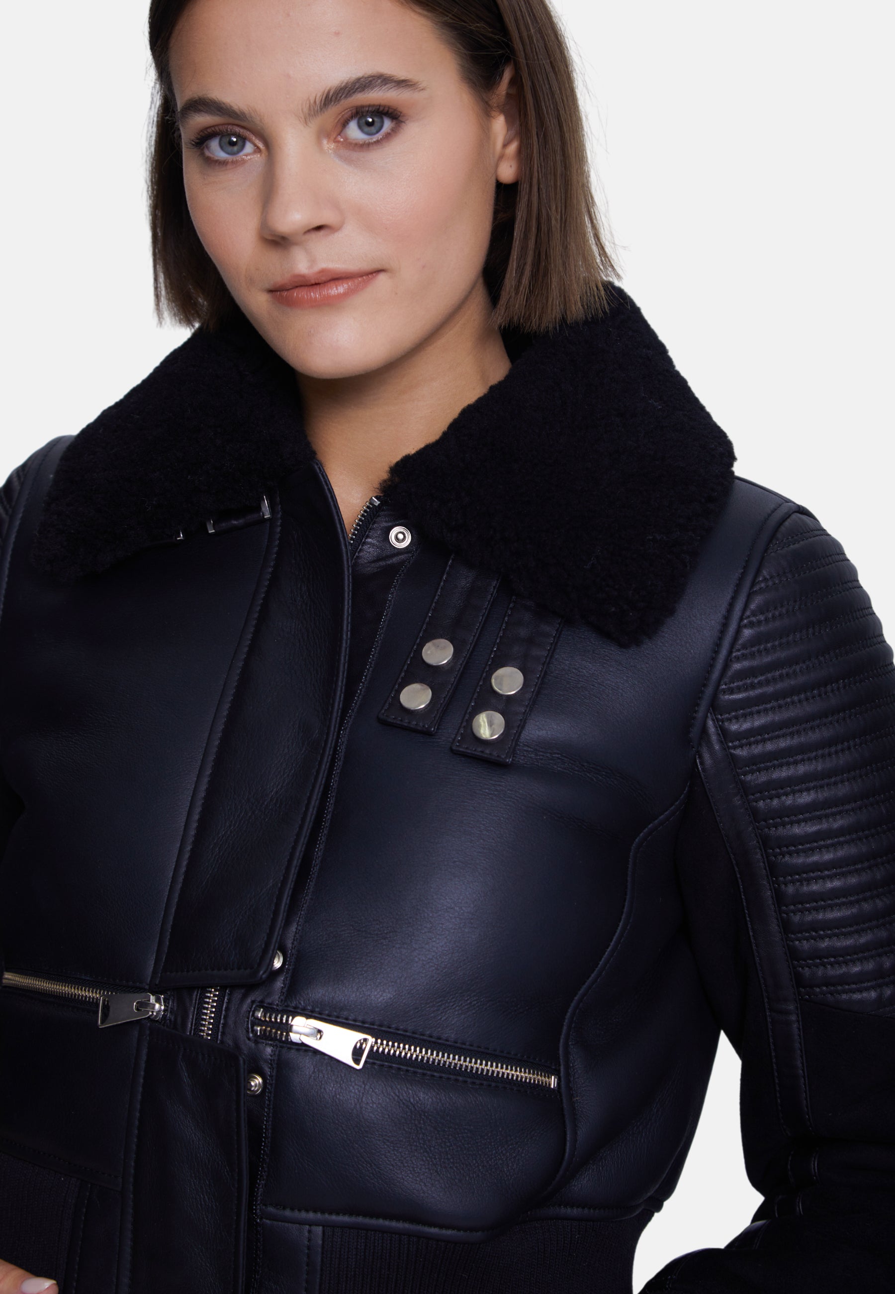 Women's Fashion Jacket, Silky Black With Black Curly Wool