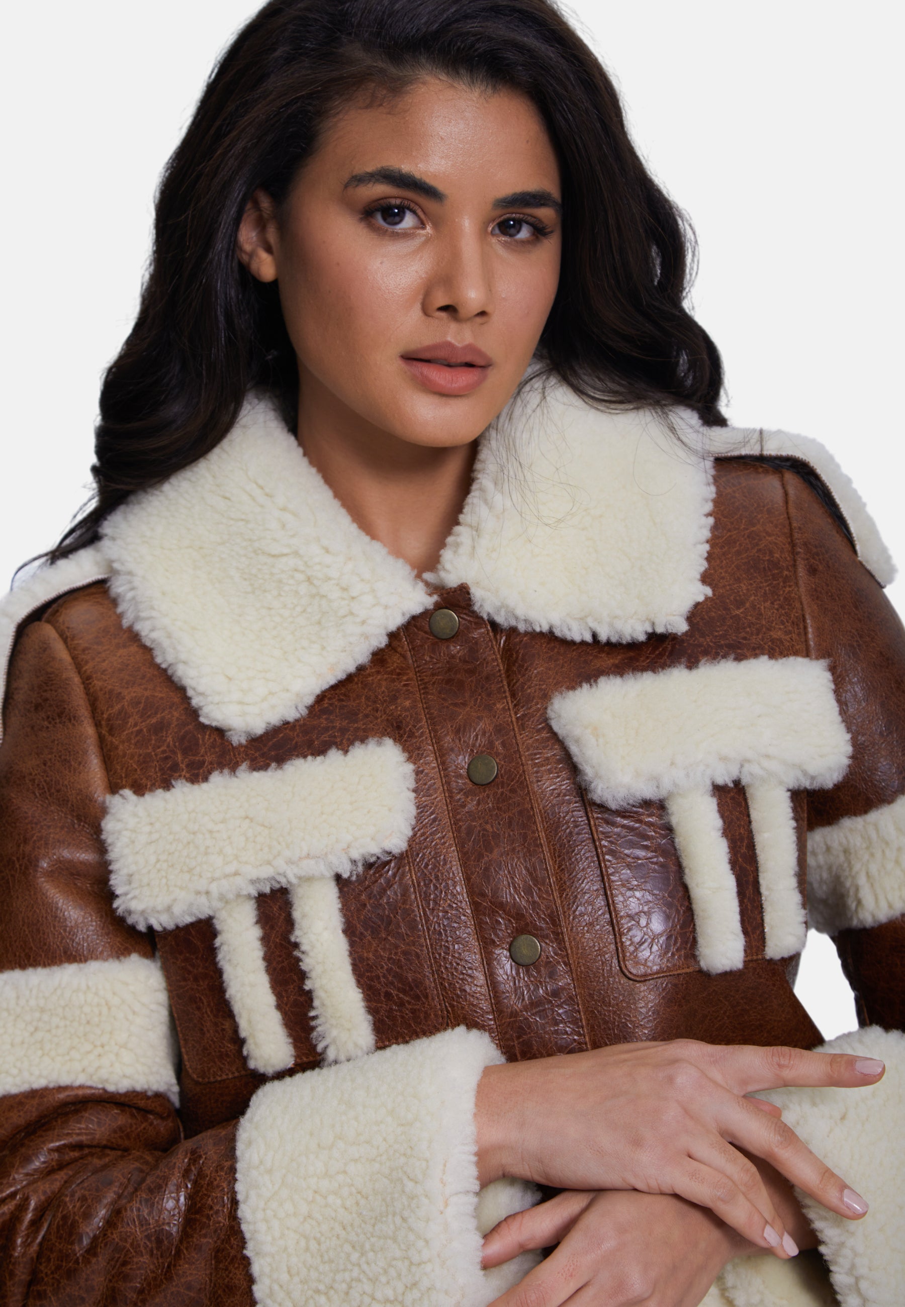 Women's Fashion Jacket, Cracked Brown With Beige Curly Wool