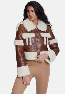 Image of Women's Fashion Jacket, Cracked Brown With Beige Curly Wool