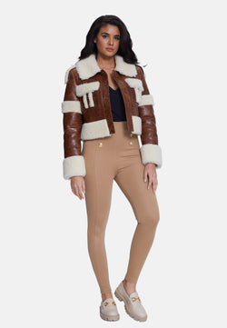 Image of Women's Fashion Jacket, Cracked Brown With Beige Curly Wool