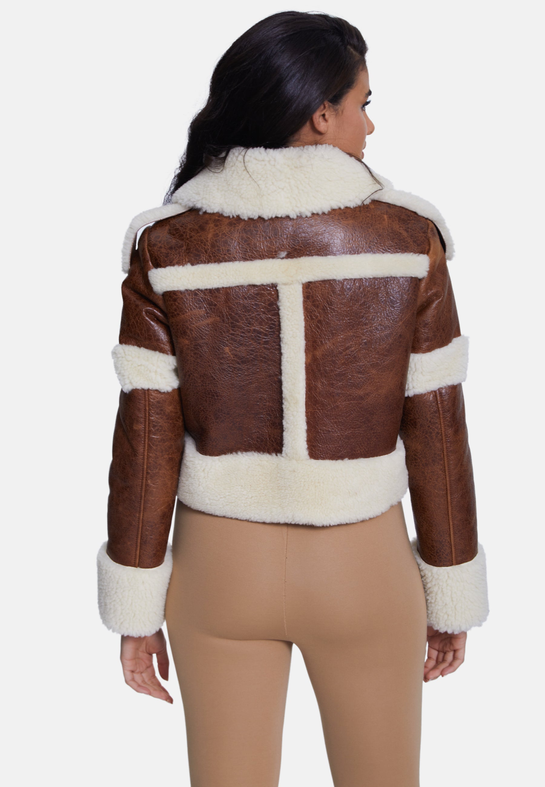 Women's Fashion Jacket, Cracked Brown With Beige Curly Wool