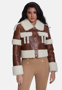 Image of Women's Fashion Jacket, Cracked Brown With Beige Curly Wool