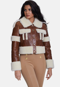 Image of Women's Fashion Jacket, Cracked Brown With Beige Curly Wool