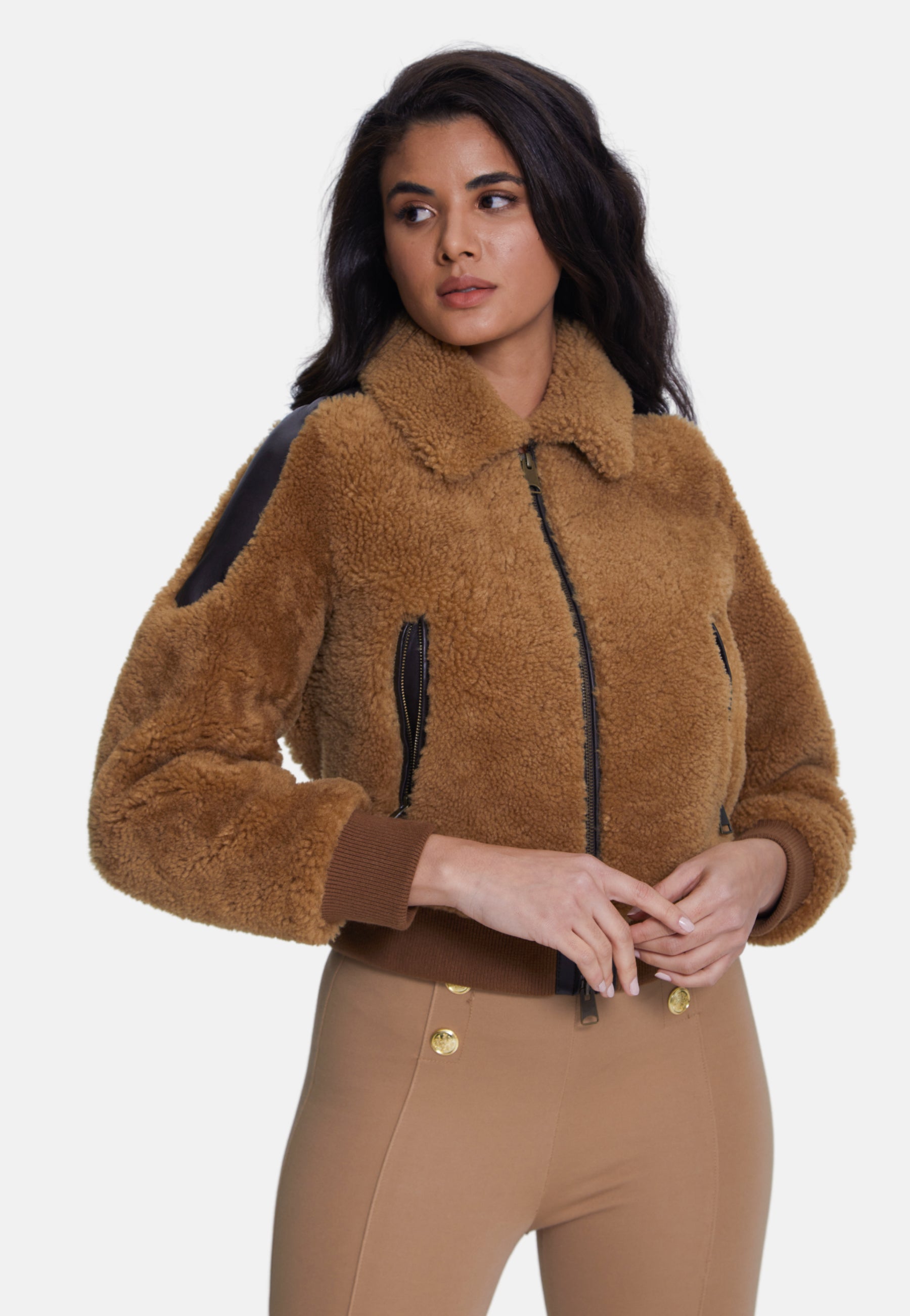 Women's Suede Jacket, Suede Brown With Ginger Curly Wool