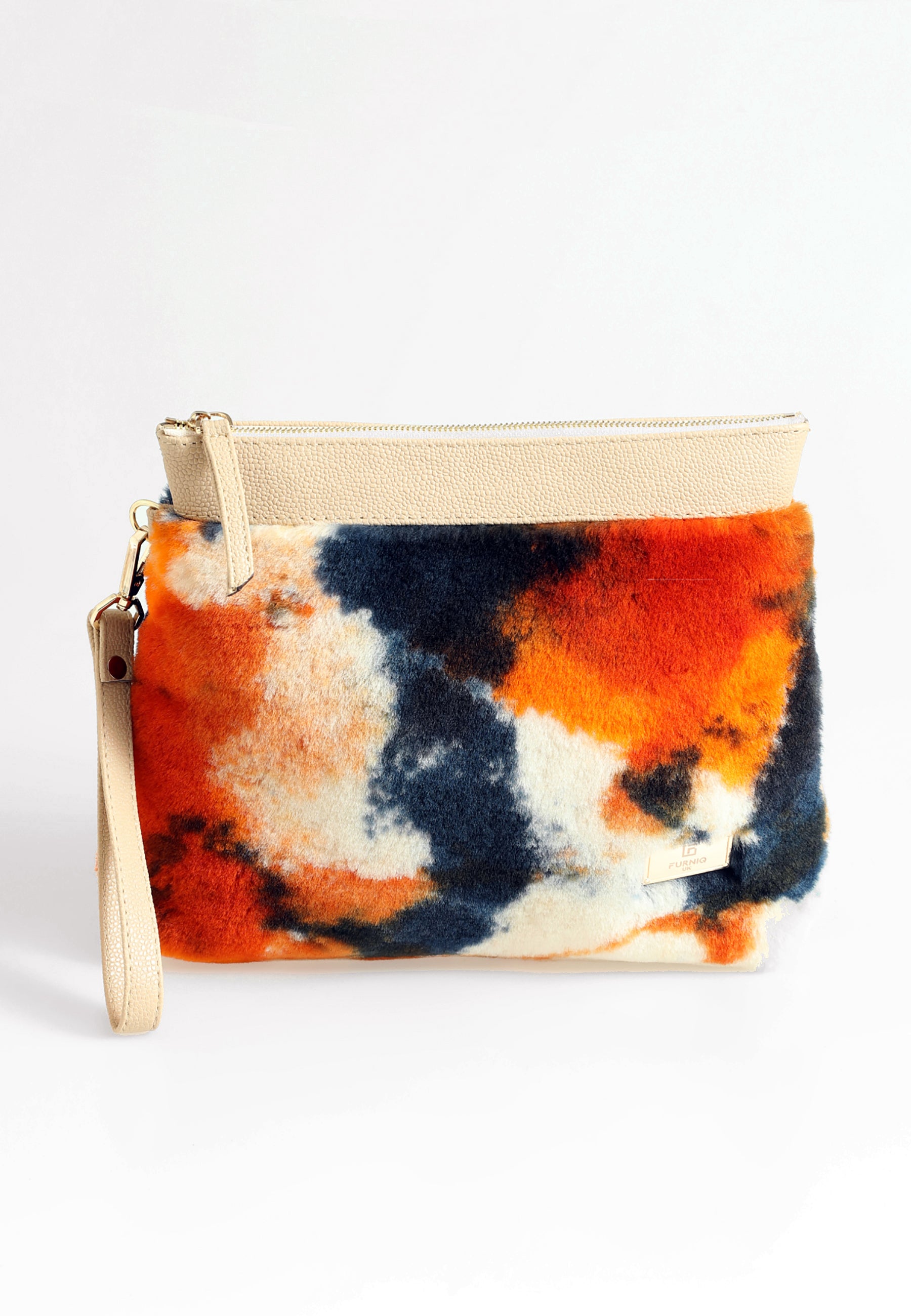 Women's Shearling Clutch Bag, Orange Multicolor Wool